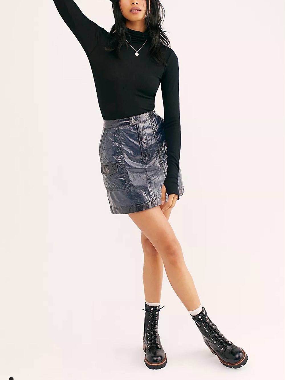 Free People faux leather lined mini dark blue skirt sz 8 EUC